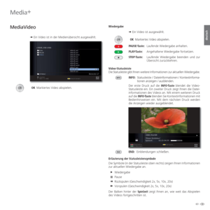Page 6363 -
deutsch
  MediaVideo
➠  Ein Video ist in der Medienübersicht ausgewählt.
  OK  Markiertes Video abspielen. Wiedergabe
➠  Ein Video ist ausgewählt.
 OK Markiertes Video abspielen.
PAUSE-Taste:  Laufende Wiedergabe anhalten.
PLAY-Taste:  Angehaltene Wiedergabe fortsetzen.
STOP-Taste:  Laufende Wiedergabe beenden und zur 
Übersicht zurückkehren.
 Video-Statusleiste
Die Statusleiste gibt Ihnen weitere Informationen zur aktuellen Wiedergabe. INFO:   Statusleiste / Dateiinformationen / Kontextinforma-...