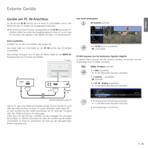 Page 9595 -
deutsch
Geräte am  PC IN-Anschluss
An die Buchse PC IN können Sie z.B. einen PC anschließen und so den 
Bildschirm des TV-Gerätes als Ausgabegerät benutzen.
➠  Bei Anschluss eines PCs bzw. Zusatzgerätes an die PC IN-Buchse des TV-
Gerätes stellen Sie vorher das Ausgangssignal an Ihrem PC so ein, dass 
es mit einem der Signale in der Tabelle auf Seite 110 übereinstimmt.
Gerät anschließen
Schalten Sie vor dem Anschließen alle Geräte aus.
Das Gerät über ein VGA-Kabel an die  PC IN-Buchse des TV-Gerätes...
