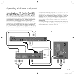 Page 3535 -
Operating additional equipment
Connecting Loewe DVD Preceiver Auro 2216 
PS and Individual Sound loudspeaker system
You can play audio signals from the TV or DVD player in cinema quality with these 
components. In addition to the subwoofer illustrated below the Individual Sound 
system includes up to 5 loudspeakers for the front , center and surround reproduc-
tion. The centre signal can be reproduced alternatively by the TV speakers.
Connect the cubic socket on the DVD Preceiver to the “Master“...