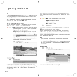 Page 20- 20
Operating modes – TV
TV
In initial installation and daily operation, the TV set is in TV mode. This is also the 
case when none of the other modes of operation, such as EPG, Teletext, PIP or 
Radio, have been selected.
Each of these operating modes has a separate menu with separate functions for 
the coloured keys. Call the menu via the MENU button.
How the coloured keys work in TV mode
Note: The coloured keys do not work as described below with DVB-T stations in 
UK, but they operate as described...