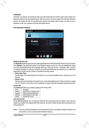 Page 108- 108 -
Control Tab:The Control tab allows you to select a system power saving mode. 
ButtonDescriptionStandbyEnters Power on Suspend modeSuspendEnters Suspend to RAM modeHibernate Enters Suspend to Disk modeDisableDisables this function
(Note)	 Once	your	smart	 phone/tablet	 device	has	been	 paired	 with	your	 AutoGreen-enabled	 computer,	you'll	
not	be	able	to	use	it	to	connect	to	other	Bluetooth	device(s).
User Account Tab:On the User Account	tab,	 you	can	enter	 your	Windows	 user	account...