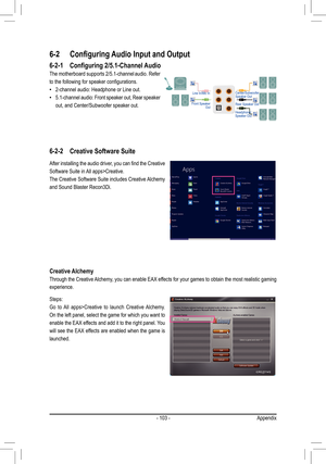 Page 103- 103 -
6-2-1 Configuring 2/5.1-Channel Audio
The motherboard supports 2/5.1-channel audio. Refer 
to the following for speaker configurations. 
 •2-channel audio: Headphone or Line out.
 •5.1-channel audio: Front speaker out, Rear speaker 
out, and Center/Subwoofer speaker out.
6-2 Configuring Audio Input and Output
Center/Subwoofer Speaker OutLine In/Mic In
Rear Speaker OutFront Speaker OutHeadphone/Speaker Out
After installing the audio driver, you can find the Creative 
Software Suite in All...