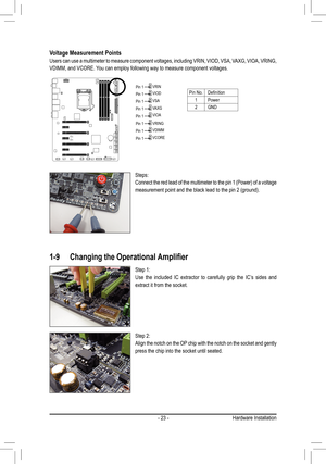 Page 23- 23 -
Pin No.Definition
1Power
2GND
Voltage Measurement Points
Users	can	use	a	multimeter 	to	 measure	 component 	voltages,	 including	VRIN,	VIOD,	 VSA,	VAXG,	 VIOA,	VRING, 	
VDIMM, and VCORE. You can employ following way to measure component voltages.
Steps:
Connect	 the	red	 lead	 of	the	 multimeter	 to	the	 pin	1	(Power)	 of	a	voltage 	
measurement	point	and	the	black	lead	to	the	pin	2	(ground).
F_USB30
F_AUDIO(H)
DB_PORTF_PANEL(NH)F_PANEL
(H61M-D2)
ACPI_CPT
(GA-IVB)
BIOS_PH
(GA-IVB)
SMB_CPT...