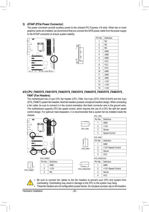 Page 26- 26 -
 •Be sure to connect fan cables to the fan headers to prevent your CPU and\
 system from overheating. Overheating may result in damage to the CPU or the system m\
ay hang. •These	fan	headers	 are	not	configuration	 jumper	blocks.	 Do	not	 place	 a	jumper	 cap	on	the	 headers.
4/5)   CPU_FAN/SYS_FAN1/SYS_FAN2/SYS_FAN3/SYS_FAN4/SYS_FAN5/SYS_FAN6/SYS_
FAN7 (Fan Headers)	 	
The	motherboard	 has	a	4-pin	 CPU	fan	header	 (CPU_FAN),	 five	4-pin	 (SYS_FAN1/2/3/4/5)	 and	the	3-pin	(SYS_FAN6/7)	 system	fan...