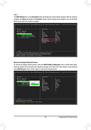 Page 83- 83 -
Step 3:
The BGA Rebuild item in the Information block will display the current rebuild progress. After the rebuild is 
complete, the Status will display as Functional. Please note the rebuild will be stopped if you exit the RAID 
BIOS screen before the rebuild is complete.
Marvell BIOS Setup (c) 2011 Marvell Technology Group Ltd.
Topology Information
Help
ID      : 0Name     : New_VDStatus     : RebuildingStripe Size   : 64KRAID Mode    : RAID1Size     : 465.7GBBGA Status    : RunningBGA Rebuild...