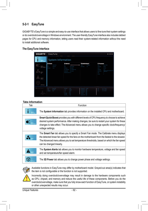 Page 92- 92 -
5-2-1 EasyTune
GIGABYTE's EasyTune is a simple and easy-to-use interface that allows users to fine-tune their system settings 
or do overclock/overvoltage in Windows environment. The user-friendly EasyTune interface also includes tabbed 
pages for CPU and memory information, letting users read their system-related information without the need 
to install additional software.
The EasyTune Interface
Tabs InformationTa bFunction
The System Information tab provides information on the installed CPU...