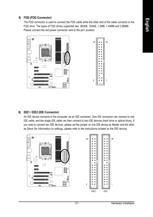 Page 21Hardware Installation - 21 -
English
6) IDE1 / IDE2 (IDE Connector)
An IDE device connects to the computer via an IDE connector. One IDE connector can connect to one
IDE cable, and the single IDE cable can then connect to two IDE devices (hard drive or optical drive). If
you wish to connect two IDE devices, please set the jumper on one IDE device as Master and the other
as Slave (for information on settings, please refer to the instructions located on the IDE device).
5) FDD (FDD Connector)
The FDD...