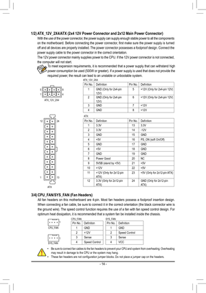 Page 143/4) CPU_FAN/SYS_FAN (Fan Headers)
  All fan headers on this motherboard are 4-pin. Most fan headers possess \
a foolproof insertion design. 
When connecting a fan cable, be sure to connect it in the correct orient\
ation (the black connector wire is 
the ground wire). The speed control function requires the use of a fan with fan speed control design. For 
optimum heat dissipation, it is recommended that a system fan be install\
ed inside the chassis.
CPU_FAN:Pin No.Definition
1GND
2+12V
3Sense
4Speed...