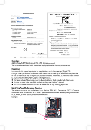 Page 2MotherboardGA-Z170X-Gaming 5
Jul. 28, 2015
Jul. 28, 2015
MotherboardGA-Z170X-Gaming 5
Copyright
