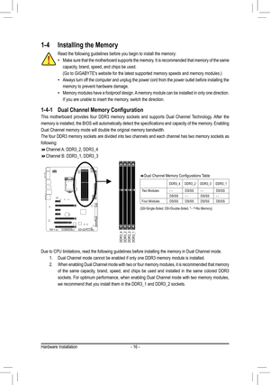 Page 16- 16 -
Due to CPU limitations, read the following guidelines before installing \
the memory in Dual Channel mode.
1. Dual Channel mode cannot be enabled if only one DDR3 memory module is in\
stalled.
2.  
When enabling Dual Channel mode with two or four memory modules, it is r\
ecommended that memory 
of the same capacity, brand, speed, and chips be used and installed in the same colored DDR3\
 
sockets. For optimum performance, when enabling Dual Channel mode with two memory modules, 
we recommend that...