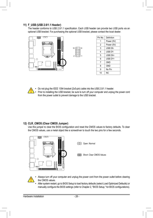 Page 28- 28 -
11) F_USB (USB 2.0/1.1 Header)	 The	 header	conforms	 to	USB	 2.0/1.1	 specification.	 Each	USB	header	 can	provide	 two	USB	 ports	 via	an	optional USB bracket. For purchasing the optional USB bracket, please co\
ntact the local dealer.
Pin No.Definition
1Power	(5V)
2Power	(5V)
3USB	DX-
4USB DY-
5USB	DX+
6USB DY+
7GND
8GND
9No Pin
10NC
 •Do	not	plug	the	IEEE	1394	bracket	(2x5-pin)	cable	into	the	USB	2.0/1.1	header. •Prior to installing the USB bracket, be sure to turn off your computer and unplug...