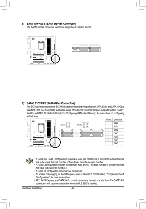 Page 26- 26 -
6) SATA_EXPRESS (SATA Express Connector)  The SATA Express connector supports a single SATA Express device.
7) SATA3 0/1/2/3/4/5 (SATA 6Gb/s Connectors)  The SATA connectors conform to SATA 6Gb/s standard and are compatible with SATA 3Gb/s and SATA 1.5Gb/s standard. Each SATA connector supports a single SATA device. The Intel® Chipset supports RAID 0, RAID 1, RAID	 5,	and	 RAID	 10.	Refer	 to	Chapter	 3,	"Configuring	 SATA	Hard	 Drive(s),"	 for	instructions	 on	configuring 	a RAID array....