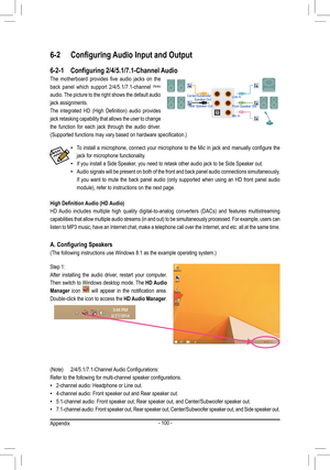 Page 100- 100 -
(Note)	 2/4/5.1/7.1-Channel	Audio	 Configurations:
Refer	to	the	following	for	multi-channel	speaker	configurations.
 •2-channel	audio:	Headphone	or	Line	out.
 •4-channel	audio:	Front	speaker	out	and	Rear	speaker	out.
 •5.1-channel	audio:	Front	speaker	out,	Rear	speaker	out,	and	Center/Subwoofer	speaker	out.
 •7.1-channel	audio:	Front 	speaker 	out, 	Rear 	speaker 	out, 	Center/Subwoofer 	speaker 	out, 	and 	Side 	speaker 	out.
High Definition Audio (HD Audio)
HD	Audio	includes 	multiple 	high...