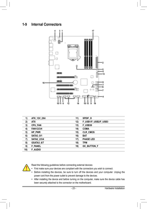 Page 23- 23 -Hardware Installation
1-9 Internal Connectors
Read the following guidelines before connecting external devices:
First make sure your devices are compliant with the connectors you wish \
to connect.
 •Before  installing  the  devices,  be  sure  to  turn  off  the  devices  and  your  computer.  Unplug  the 
 • power cord from the power outlet to prevent damage to the devices.
After  installing  the  device  and  before  turning  on  the  computer,  make  sure  the  device  cable  has 
 • been...