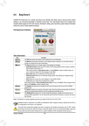 Page 72Unique Features- 72 -
4-3 EasyTune 6
GIGABYTE's	 EasyTune	6	is	 a	simple	 and	easy-to-use	 interface	that	allows	 users	to	fine-tune	 their	system	settings  or  do  overclock/overvoltage  in  Windows  environment.  The  user-friendly  EasyTune  6  interface  also 
includes  tabbed  pages  for  CPU  and  memory  information,  letting  users  read  their  system-related  information 
without the need to install additional software.
The EasyTune 6 Interface
Tabs Information
Available  functions  in...