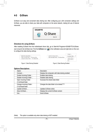 Page 75- 75 -Unique Features
4-5 Q-Share
Q-Share  is  an  easy  and  convenient  data  sharing  tool.	After	 configuring	 your	LAN	connection	 settings	and	
Q-Share,  you  are  able  to  share  your  data  with  computers  on  the  same  network,  making  full  use  of  Internet 
resources.
Directions for using Q-Share
After  installing  Q-Share  from  the  motherboard  driver  disk,  go  to  Start>All  Programs>GIGABYTE>Q-Share.
exe to launch the Q-Share tool. Find the  Q-Share icon 
	in	 the	 notification...