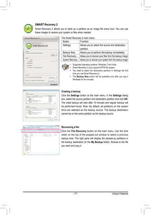 Page 77- 77 -Unique Features
SMART Recovery 2
Smart	Recovery	 2	allows	 you	to	back	 up	a	partition	 as	an	 image	 file	every	 hour.	You	can	use	
these	images	to	restore	your	system	or	files	when	needed.
• Supported operating systems: Windows 7 and Vista.•	 Smart	Recovery	2	only	supports	NTFS	file	system.	•	 You	 need	to	select	 the	destination	 partition	in	Settings	 the	first	time you use Smart Recovery 2.
•  The Backup  Now   button  will  be  available  only  after  you  log  in 
Windows for ten minutes....