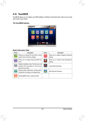 Page 83- 83 -Unique Features
4-10 TouchBIOS
TouchBIOS	 allows	you	to	configure	 your	BIOS	 settings	 in	Windows	 environment	 with	a	click	 of	your	 mouse	and a touch of your screen.
The TouchBIOS Interface
Button Information Table
ButtonDescription ButtonDescription
Allows you to change CPU ratio, BCLK, memory 
speed, Vcore and memory voltages.
Allows	you	to	configure	 Integrated	 Peripherals	
settings. 
Allows  you  to  configure  Advanced  BIOS  Fea-
tures.Allows  you  to  configure  Power  Management...