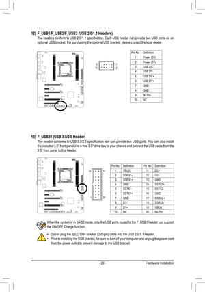 Page 29- 29 -Hardware Installation
12) F_USB1/F_USB2/F_USB3 (USB 2.0/1.1 Headers)  The headers conform to USB 2.0/1.1 specification. Each USB header can provide two USB ports via an optional USB bracket. For purchasing the optional USB bracket, please co\
ntact the local dealer.
Do not plug the IEEE 1394 bracket (2x5-pin) cable into the USB 2.0/1.1\
 header. •Prior to installing the USB bracket, be sure to turn off your computer and unplug the power cord  •from the power outlet to prevent damage to the USB...