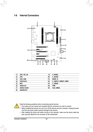 Page 22Hardware Installation- 22 -
1-8 Internal Connectors
Read the following guidelines before connecting external devices:First make sure your devices are compliant with the connectors you wish \
to connect. •Before installing the devices, be sure to turn off the devices and your computer. Unplug the power  •cord from the power outlet to prevent damage to the devices.After  installing  the  device  and  before  turning  on  the  computer,  make  sure  the  device  cable  has  •been securely attached to the...