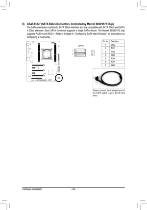 Page 26Hardware Installation- 26 -
8) GSATA3 6/7 (SATA 6Gb/s Connectors, Controlled by Marvell 88SE9172 Chip)  The SATA connectors conform to SATA 6Gb/s standard and are compatible with SATA 3Gb/s and SATA 1.5Gb/s  standard.  Each  SATA  connector  supports  a  single  SATA  device.  The  Marvell  88SE9172  chip supports RAID 0 and RAID 1. Refer to Chapter 5, "Configuring SATA Hard Drive(s)," for instructions on configuring a RAID array.
Pin No.Definition
1GND
2TXP
3TXN
4GND
5RXN
6RXP
7GND
Please...