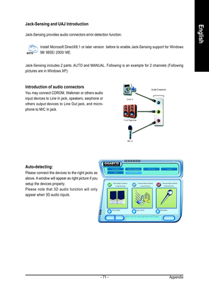 Page 71Appendix - 71 -
EnglishJack-Sensing and UAJ Introduction
Jack-Sensing provides audio connectors error-detection function.
Install Microsoft DirectX8.1 or later version  before to enable Jack-Sensing support for Windows
98/ 98SE/ 2000/ ME.
Jack-Sensing includes 2 parts: AUTO and MANUAL. Following is an example for 2 channels (Following
pictures are in Windows XP):
Introduction of audio connectors
You may connect CDROM, Walkman or others audio
input devices to Line In jack, speakers, earphone or
others...