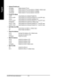 Page 38GA-8IPE1000 Series Motherboard - 38 -
English
Onboard Parallel port
Disabled Disable onboard LPT port.
378/IRQ7 Enable onboard LPT port and address is 378/IRQ7. (Default value)
278/IRQ5 Enable onboard LPT port and address is 278/IRQ5.
3BC/IRQ7 Enable onboard LPT port and address is 3BC/IRQ7.
Parallel Port Mode
SPP Using Parallel port as Standard Parallel Port.
EPP1.9+SPP Using Parallel port as Enhanced Parallel Port 1.9 and SPP mode.
ECP Using Parallel port as Extended Capabilities Port.
EPP1.9+ECP Using...