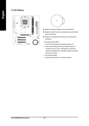 Page 26GA-K8VM800M Motherboard - 26 -
English
17) BAT (Battery)
Danger of explosion if battery is incorrectly replaced.
Replace only with the same or equivalent type recommended
by the manufacturer.
Dispose of used batteries according to the manufacturers
instructions.
If you want to erase CMOS...
1. Turn OFF the computer and unplug the power cord.
2. Take out the battery gently and put it aside for about 10
minutes (Or you can use a  metal object to connect the
positive and negative pins in the battery holder...