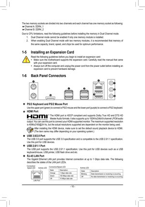 Page 10Due to CPU limitations, read the following guidelines before installing \
the memory in Dual Channel mode.
1. Dual Channel mode cannot be enabled if only one memory module is install\
ed.
2. When enabling Dual Channel mode with two memory modules, it is recommended that memory of 
the same capacity, brand, speed, and chips be used for optimum performance.
The two memory sockets are divided into two channels and each channel has one memory socket as following: Channel A: DDR4_1 Channel B:...