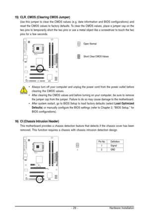 Page 29Hardware Installation - 29 -
Open: Normal
Short: Clear CMOS Values
15) CLR_CMOS (Clearing CMOS Jumper)
Use this jumper to clear the CMOS values (e.g. date information and BIOS configurations) and
reset the CMOS values to factory defaults. To clear the CMOS values, place a jumper cap on the
two pins to temporarily short the two pins or use a metal object like a screwdriver to touch the two
pins for a few seconds.
•Always turn off your computer and unplug the power cord from the power outlet before...