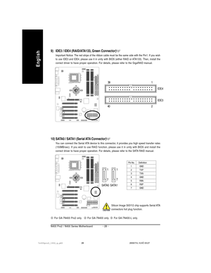 Page 32- 28 - N400 Pro2 / N400 Series Motherboard
English
Silicon Image Sil3112 chip supports Serial ATA
connectors hot plug function.
 For GA-7N400 Pro2 only.   For GA-7N400 only.  For GA-7N400-L only.
9) IDE3 / IDE4 (RAID/ATA133, Green Connector)()
Important Notice: The red stripe of the ribbon cable must be the same side with the Pin1. If you wish
to use IDE3 and IDE4, please use it in unity with BIOS (either RAID or ATA133). Then, install the
correct driver to have proper operation. For details, please...