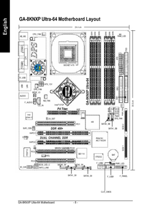 Page 12- 8 - GA-8KNXP Ultra-64 MotherboardEnglishCD_IN
GA-8KNXP Ultra-64KB_MS
COMA
LPT
USBLANATX_12VSOCKET 478 CPU_FAN
FDD
IDE1
IDE2
DDR2
COMBPWR_LED BAT PCI1
64PCI1
PCI2
F_USB1
ITE8712MAIN
BIOS
CODEC
PWR_FANHR
DDR3F_USB2
INFO_LINK F_AUDIO
IR_CIRIntel
KENAI II
WOL
VT6202BACKUP
BIOS
Adaptec
AIC-7902W SATA0_SBDDR4RAM_LED
ATXSYS_FAN
SCSI 1CINB_FAN
PCIX1
DDR1SPDIF_IO
SUR_CEN2X_DET R_USB
AUDIODDR5DDR6
SCSI 2F_PANEL GA-8KNXP Ultra-64 Motherboard Layout
CLR_CMOS SCSI_LED_CP4 Titan
AGP Intel®
 875P
DUAL CHANNEL DDR DDR...