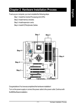 Page 15Hardware Installation ProcessEnglish- 11 - To set up your computer, you must complete the following steps:
Step 1- Install the Central Processing Unit (CPU)
Step 2- Install memory modules
Step 3- Install expansion cards
Step 4- Install I/O Peripherals CablesChapter 2  Hardware Installation ProcessCongratulations! You have accomplished the hardware installation!
Turn on the power supply or connect the power cable to the power outlet. Continue with
the BIOS/software installation.Step 2Step 1Step 3Step...