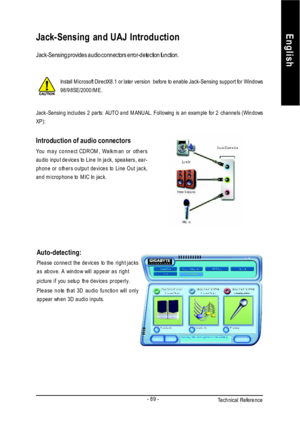 Page 93Technical Reference- 89 -EnglishJack-Sensing and UAJ Introduction
Install Microsoft DirectX8.1 or later version  before to enable Jack-Sensing support for Windows
98/98SE/2000/ME.Introduction of audio connectors
You may connect CDROM, Walkman or others
audio input devices to Line In jack, speakers, ear-
phone or others output devices to Line Out jack,
and microphone to MIC In jack. Jack-Sensing includes 2 parts: AUTO and MANUAL. Following is an example for 2 channels (Windows
XP): Jack-Sensing provides...