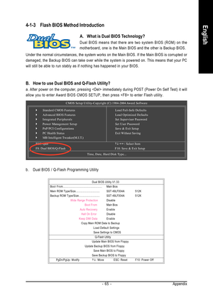 Page 65Appendix - 65 -
English4-1-3 Flash BIOS Method Introduction
A. What is Dual BIOS Technology?
Dual BIOS means that there are two system BIOS (ROM) on the
motherboard, one is the Main BIOS and the other is Backup BIOS.
b. Dual BIOS / Q-Flash Programming Utility
B. How to use Dual BIOS and Q-Flash Utility?
a. After power on the computer, pressing  immediately during POST (Power On Self Test) it will
allow you to enter Award BIOS CMOS SETUP, then press  to enter Flash utility.
Under the normal circumstances,...