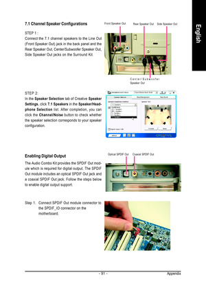 Page 91Appendix - 91 -
English7.1 Channel Speaker Configurations
STEP 1 :
Connect the 7.1 channel speakers to the Line Out
(Front Speaker Out) jack in the back panel and the
Rear Speaker Out, Center/Subwoofer Speaker Out,
Side Speaker Out jacks on the Surround Kit.
Enabling Digital Output
The Audio Combo Kit provides the SPDIF Out mod-
ule which is required for digital output. The SPDIF
Out module includes an optical SPDIF Out jack and
a coaxial SPDIF Out jack. Follow the steps below
to enable digital output...