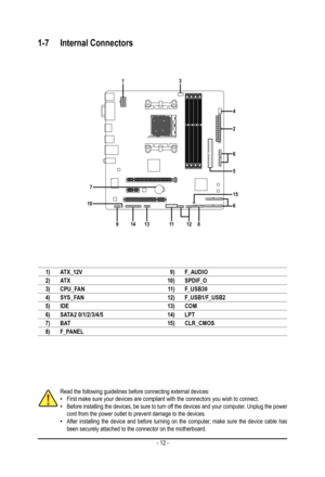 Page 12- 12 -
1-7 Internal Connectors
1)AT X _12 V
2)AT X
3)CPU_ FAN
4)SYS _ FAN
5)IDE
6)SATA2 0/1/2/3/4/5
7)BAT 
8)F_ PA N E L
9)F_ A U D I O
10)S P D I F_ O
11)F_USB30
12)F_ U S B1/ F_ U S B 2
13)COM
14)LPT
15)CLR_CMOS
12
7
10
13
4
2
5
15
6
6
14911813
Read the following guidelines before connecting external devices: •First make sure your devices are compliant with the connectors you wish \
to connect. •Before installing the devices, be sure to turn off the devices and your computer. Unplug the power cord from...