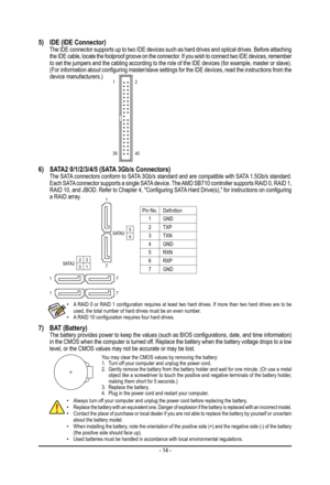 Page 14- 14 -
5) IDE (IDE Connector)  The IDE connector supports up to two IDE devices such as hard drives and optical drives. Before attaching the IDE cable, locate the foolproof groove on the connector. If you wish to connect two IDE devices, remember to set the jumpers and the cabling according to the role of the IDE devices (for example, master or slave). (For information about configuring master/slave settings for the IDE devices, read the instructions from the device manufacturers.)
6) SATA2 0/1/2/3/4/5...