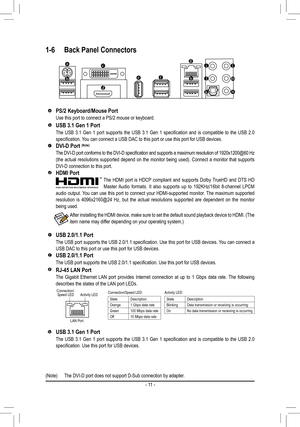 Page 111-6 Back Panel Connectors
PS/2 Keyboard/Mouse Port
Use this port to connect a PS/2 mouse or keyboard.
USB 3.1 Gen 1 Port
The	USB	 3.1	Gen	 1	port	 supports	 the	USB	 3.1	Gen	 1	specification	 and	is	compatible	 to	the	 USB	 2.0	specification.	 You	can	connect	a	USB	DAC	to	this	port	or	use	this	port	for	USB	devices.
DVI-D Port (Note)
The	DVI-D	 port	conforms	 to	the	 DVI-D	 specification	 and	supports	 a	maximum	 resolution	of	1920x1200@60	 Hz	(the actual resolutions supported depend on the monitor being...