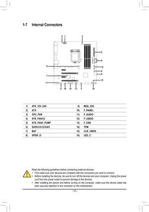 Page 131-7 Internal Connectors
Read the following guidelines before connecting external devices: •First make sure your devices are compliant with the connectors you wish \
to connect. •Before installing the devices, be sure to turn off the devices and your computer. Unplug the power cord from the power outlet to prevent damage to the devices. •After installing the device and before turning on the computer, make sure the device cable has been securely attached to the connector on the motherboard.
1)AT X _12V_ 2...