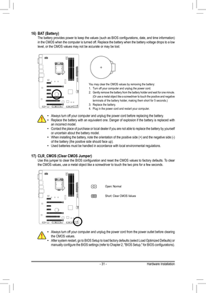 Page 31- 31 -
17) CLR_CMOS (Clear CMOS Jumper) 	 Use	 this	jumper	 to	clear	 the	BIOS	 configuration	 and	reset	 the	CMOS	 values	to	factory	 defaults.	 To	clear	the CMOS values, use a metal object like a screwdriver to touch the two \
pins for a few seconds.
 •Always turn off your computer and unplug the power cord from the power outlet before c\
learing the CMOS values. •After	 system	 restart,	go	to	BIOS	 Setup	 to	load	 factory	 defaults	 (select	Load	Optimized	 Defaults)	or	manually	 configure	 the	BIOS...