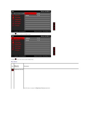 Page 17 
8. Select   again to return to the Main menu.    
 
9.  Select    to exit from the On - screen Display menu.    
Menu Options  
Icon   Menu and 
Submenus   Description  
   
    Brightness/Contrast  
Use t his menu to  access the   Brightness/Contrast  adjustment.    