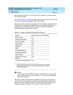 Page 133DEFINITY Communications System Generic 2.2 and Generic 3 V2 
DS1/CEPT1/ISDN PRI Reference  
555-025-107  Issue 1
July 1993
Layers 2 and 3 
Page 5-17 ISDN PRI Layer 3 
5
end  will simp ly d rop  them. If you need  these IEs, however, you should  use the 
user-network protocol. 
For more information on these information elements and  how they are used , see 
the sec tion ‘‘Call Control Messages’’
 later in this c hap ter.
Bec ause the p eer protoc ol d oes not sup p ort these information elements and  for...