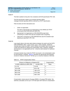 Page 228DEFINITY Communications System Generic 2.2 and Generic 3 V2 
DS1/CEPT1/ISDN PRI Reference  
555-025-107  Issue 1
July 1993
System Administration 
Page 6-54 G2.2 Administration 
6
Field 17
This field  is add ed  to b ring  G2.2 into c omp lianc e with EIA sp ec ific ation PIN-1429.
This EIA sp ec ific ation relates to bit-oriented -sig naling  (BOS); 
messag e-oriented -sig naling  (MOS) is d efined  b y a CCITT sp ec ific ation.
Field encodes and their descriptions are:
Field 18
Loop  leng th refers to...