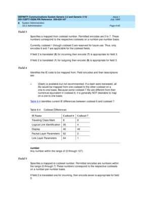 Page 237DEFINITY Communications System Generic 2.2 and Generic 3 V2 
DS1/CEPT1/ISDN PRI Reference  
555-025-107  Issue 1
July 1993
System Administration 
Page 6-63 G2.2 Administration 
6
Field 3
Sp ec ifies a map p ed  from c od eset numb er. Permitted  enc od es are 0 to 7. These 
numb ers c orresp ond  to the resp ec tive c od esets on a numb er-p er-number b asis.
Currently, c od eset 1 throug h c od eset 5 are reserved  for future use. Thus, only 
enc odes 6 and  7 are app lic ab le for the c od eset...