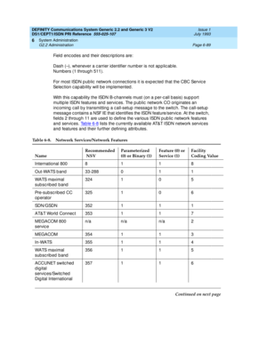 Page 263DEFINITY Communications System Generic 2.2 and Generic 3 V2 
DS1/CEPT1/ISDN PRI Reference  
555-025-107  Issue 1
July 1993
System Administration 
Page 6-89 G2.2 Administration 
6
Field encodes and their descriptions are:
Dash (–), whenever a c arrier id entifier numb er is not ap p lic ab le.
Numb ers (1 throug h 511).
For most ISDN p ub lic  network c onnec tions it is exp ec ted  that the CBC Servic e 
Selection capability will be implemented.
With this c ap ab ility the ISDN B-c hannels must (on a p...