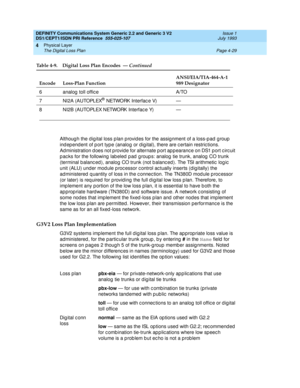 Page 73DEFINITY Communications System Generic 2.2 and Generic 3 V2 
DS1/CEPT1/ISDN PRI Reference  
555-025-107  Issue 1
July 1993
Physical Layer 
Page 4-29 The Digital Loss Plan 
4
Althoug h the d ig ital loss p lan p rovid es for the assig nment of a loss-p ad  g roup  
ind ep end ent of p ort typ e (analog  or d ig ital), there are c ertain restric tions. 
Ad ministration d oes not p rovid e for alternate p ort ap p earanc e on DS1 p ort c irc uit 
p ac ks for the following  lab eled  p ad  g roup s: analog...