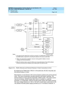 Page 93DEFINITY Communications System Generic 2.2 and Generic 3 V2 
DS1/CEPT1/ISDN PRI Reference  
555-025-107  Issue 1
July 1993
Physical Layer 
Page 4-49 Synchronization 
4
Figure 4-11. Public-Network and External Stratum-3 Clock Connection to G2.2
By rep lac ing  the TN463 with a TN2131 in the same slot, the G2.2 may also use 
the external stratum-3 c loc k.
Most Generic  2.2 and  Generic  3V2 c ommunic ations systems will use the external 
c loc k. This c loc k is p hysic ally mounted  external to the switc...