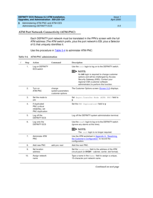 Page 103DEFINITY ECS Release 8.2 ATM Installation,
Upgrades, and Administration  555-233-124  Issue 1
April 2000
Administering ATM-PNC and ATM-CES 
5-5 Administering DEFINITY ECS 
5
ATM Port Network Connectivity (ATM-PNC) 
Eac h DEFINITY p ort network must b e translated  in the PPN’s sc reen with the full 
ATM ad d ress (The ATM switc h p refix, p lus the p ort network’s ESI, p lus a Selec tor 
of 0) that uniq uely id entifies it.
Use the p roc ed ure in Table 5-4
 to ad minister ATM-PNC:
Table 5-4. ATM-PNC...