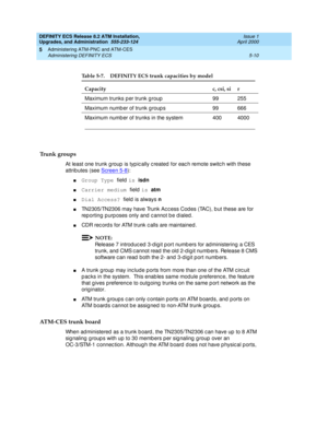 Page 108DEFINITY ECS Release 8.2 ATM Installation,
Upgrades, and Administration  555-233-124  Issue 1
April 2000
Administering ATM-PNC and ATM-CES 
5-10 Administering DEFINITY ECS 
5
Trunk groups 
At least one trunk g roup  is typ ic ally c reated  for eac h remote switc h with these 
attrib utes (see Screen 5-8
):
nGroup Type 
field is isdn
nCarrier medium 
field is atm
nDial Access? 
field  is always n
nTN2305/TN2306 may have Trunk Ac c ess Cod es (TAC), b ut these are for 
rep orting  p urp oses only and  c...